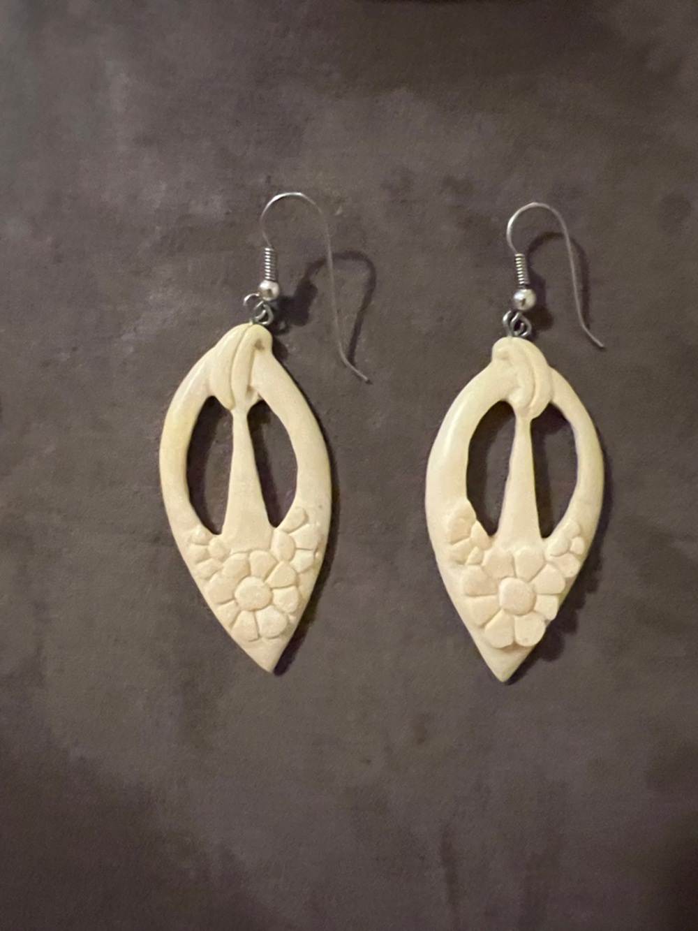 Hand-Carved Cream Floral Drop Earrings